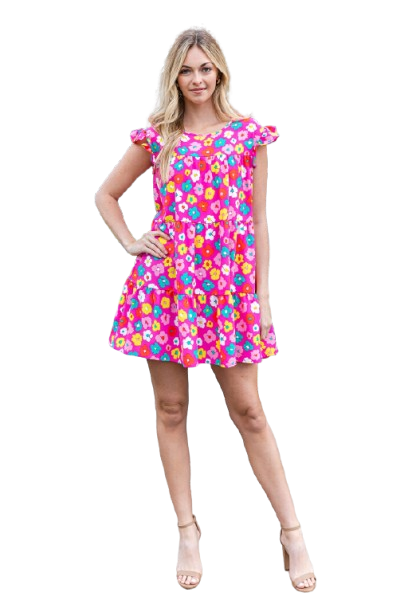 Floral Ruffle Sleeve Tiered Dress Hot Pink - Pack of 6