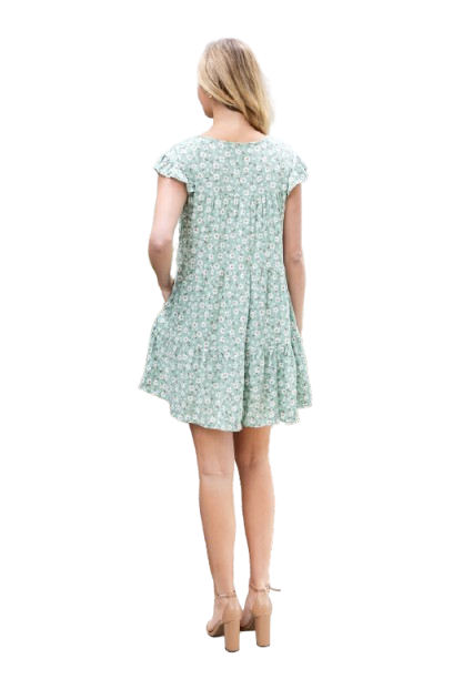 Floral Ruffle Sleeve Tiered Mini Dress Sage Ivory - Pack of 6