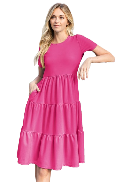 Short Sleeve Solid Tiered Dress Fuchsia - Pack of 6