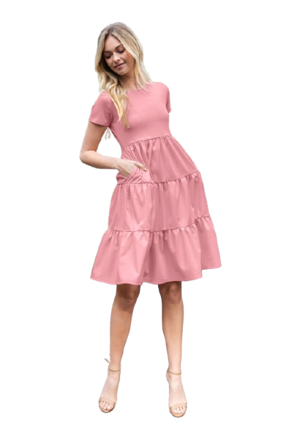 Short Sleeve Solid Tiered Dress Rose Dusty - Pack of 6