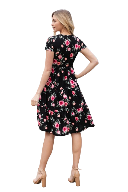 Floral Short Sleeve A Line Tiered Dress Black Coral - Pack of 6