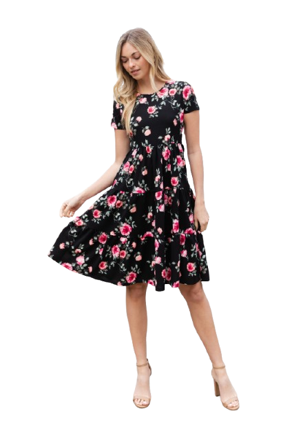 Floral Short Sleeve A Line Tiered Dress Black Coral - Pack of 6