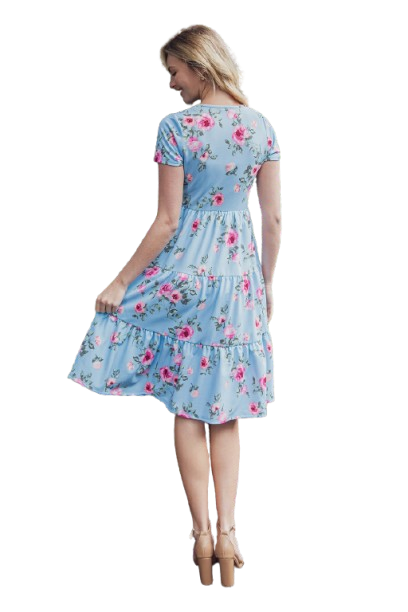 Floral Short Sleeve A Line Tiered Dress Blue Pink - Pack of 6