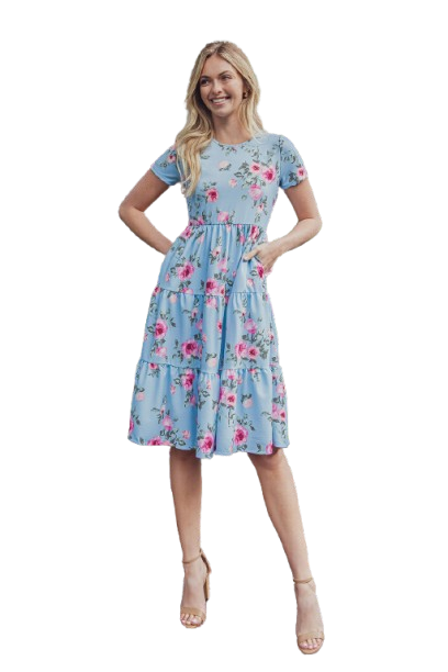 Floral Short Sleeve A Line Tiered Dress Blue Pink - Pack of 6