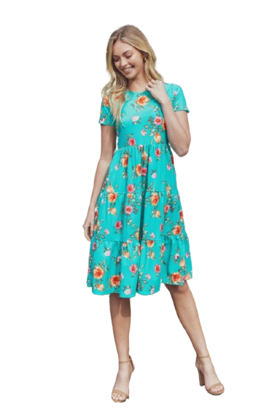 Floral Short Sleeve A Line Tiered Dress Green Light Orange - Pack of 6