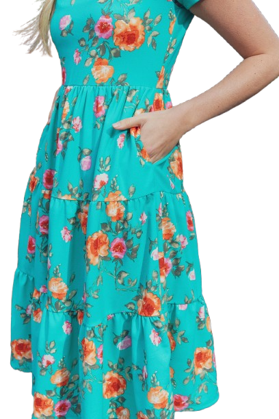 Floral Short Sleeve A Line Tiered Dress Green Light Orange - Pack of 6