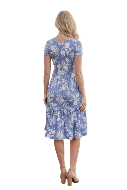 Short Sleeve Floral Knee Length Tiered Dress Periwinkle - Pack of 6