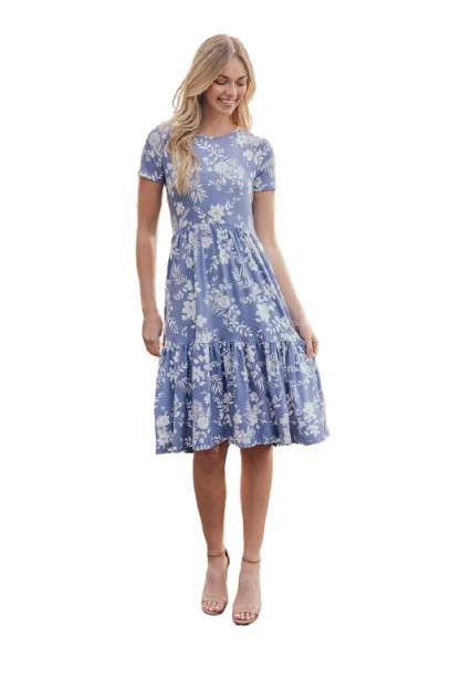 Short Sleeve Floral Knee Length Tiered Dress Periwinkle - Pack of 6