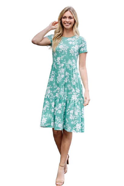 Short Sleeve Floral Knee Length Tiered Dress Sage Bright - Pack of 6