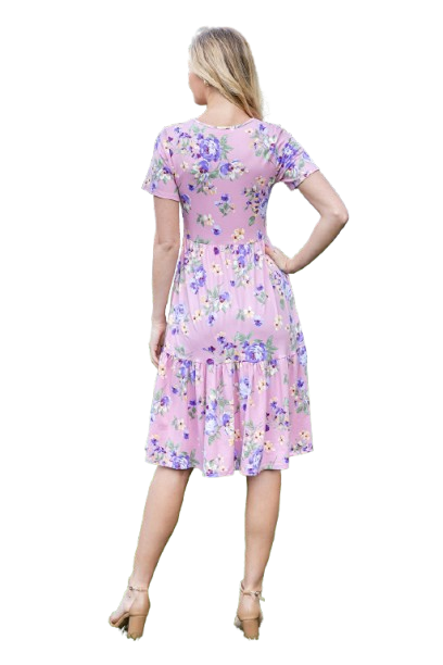 Short Sleeve Floral Knee Length Tiered Dress Lilac - Pack of 6