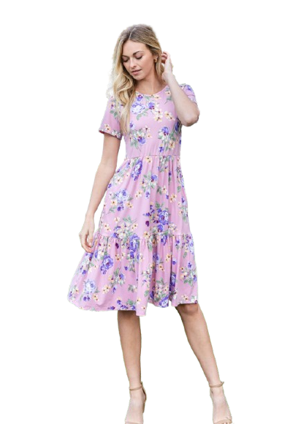 Short Sleeve Floral Knee Length Tiered Dress Lilac - Pack of 6