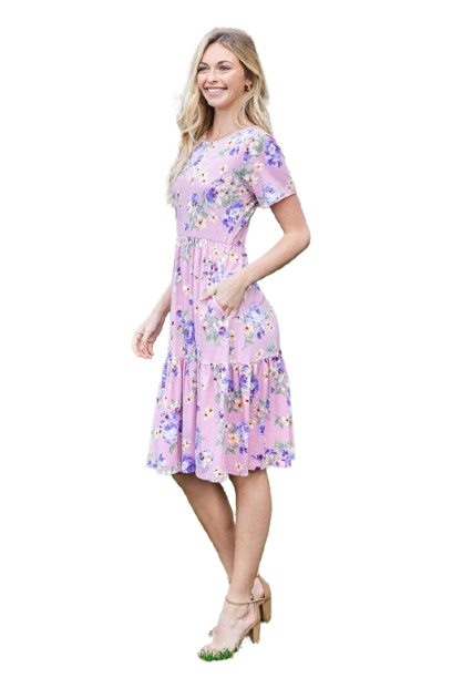 Short Sleeve Floral Knee Length Tiered Dress Lilac - Pack of 6