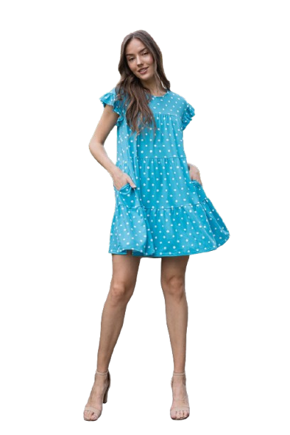 Ruffle Sleeve Side Pocket Polka Dots Tiered Mini Dress Aqua Blue - Pack of 6