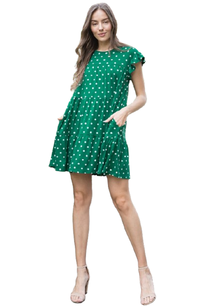 Ruffle Sleeve Side Pocket Polka Dots Tiered Mini Dress Green Pine - Pack of 6