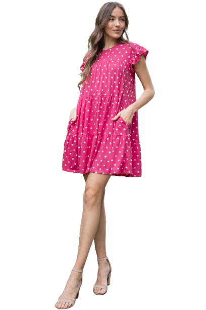 Ruffle Sleeve Side Pocket Polka Dots Tiered Mini Dress Magenta - Pack of 6