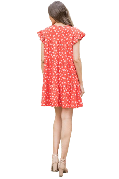 Ruffle Sleeve Side Pocket Floral Tiered Mini Dress Coral Tomato - Pack of 6