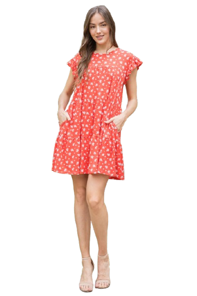 Ruffle Sleeve Side Pocket Floral Tiered Mini Dress Coral Tomato - Pack of 6