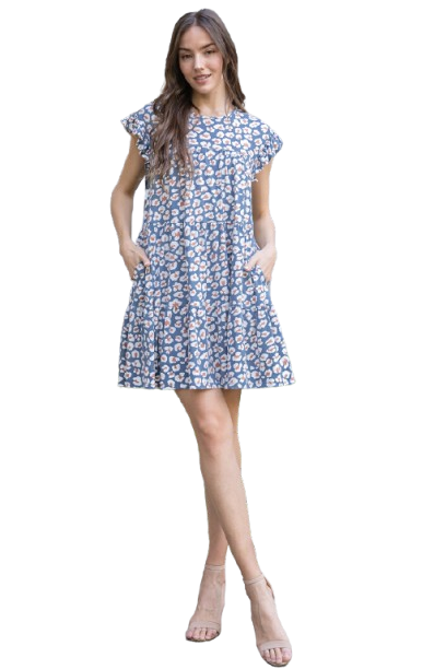 Ruffle Sleeve Side Pocket Printed Tiered Mini Dress Denim - Pack of 6