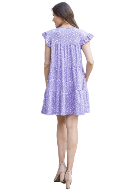 Ruffle Sleeve Side Pocket Ditsy Floral Tiered Mini Dress Lavender White - Pack of 6