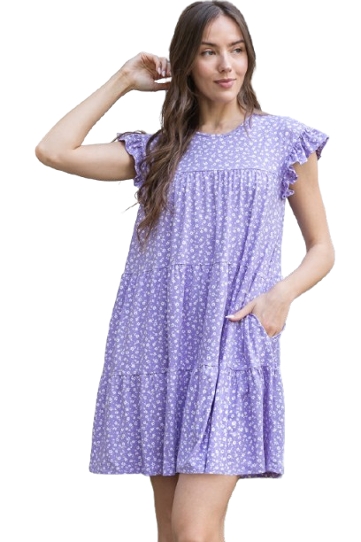 Ruffle Sleeve Side Pocket Ditsy Floral Tiered Mini Dress Lavender White - Pack of 6