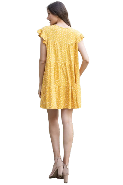 Ruffle Sleeve Side Pocket Ditsy Floral Tiered Mini Dress Mustard Ivory - Pack of 6