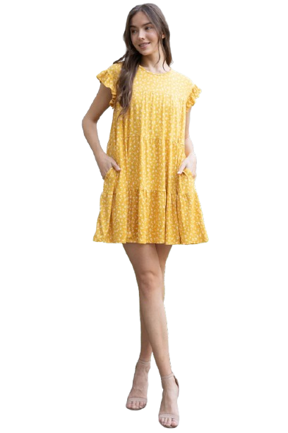 Ruffle Sleeve Side Pocket Ditsy Floral Tiered Mini Dress Mustard Ivory - Pack of 6