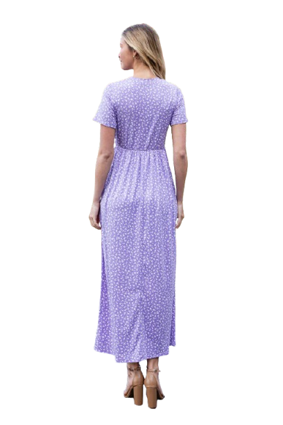 Short Sleeve Ditsy Floral Elastic Waist Maxi Dress Lavender White - Pack of 6