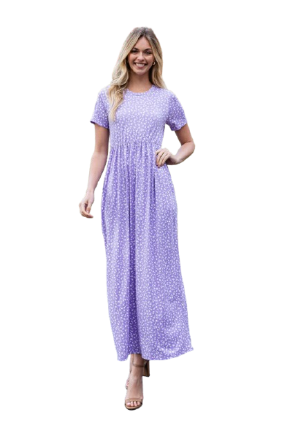 Short Sleeve Ditsy Floral Elastic Waist Maxi Dress Lavender White - Pack of 6