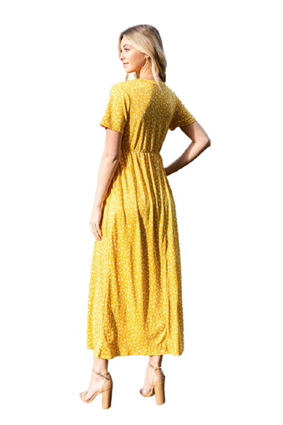 Short Sleeve Ditsy Floral Elastic Waist Maxi Dress Mustard Ivory - Pack of 6