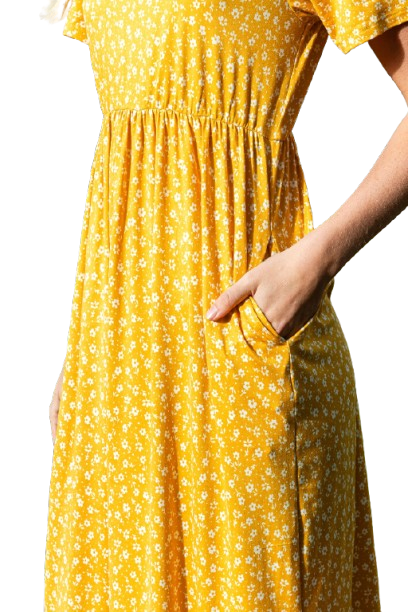 Short Sleeve Ditsy Floral Elastic Waist Maxi Dress Mustard Ivory - Pack of 6