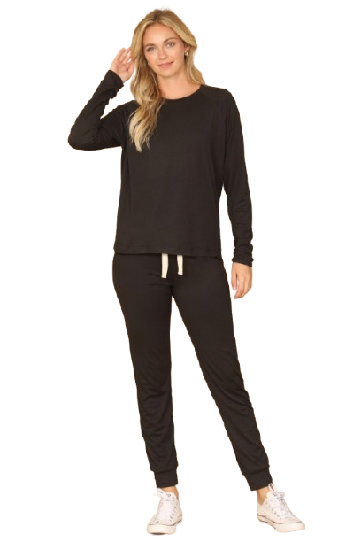 Plus Size Solid Long Sleeve Top and Joggers Set with Self Tie Black - Pack of 6