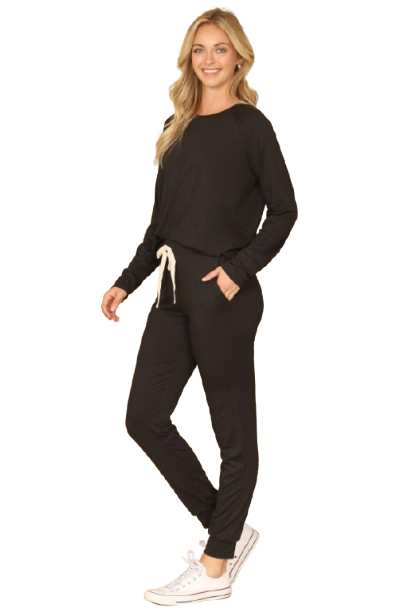 Plus Size Solid Long Sleeve Top and Joggers Set with Self Tie Black - Pack of 6