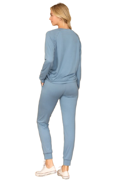 Plus Size Solid Long Sleeve Top and Joggers Set with Self Tie Coronet Blue - Pack of 6