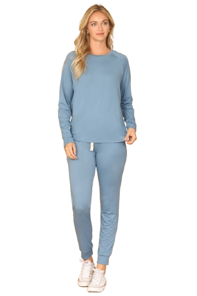 Plus Size Solid Long Sleeve Top and Joggers Set with Self Tie Coronet Blue - Pack of 6