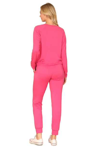 Plus Size Solid Long Sleeve Top and Joggers Set with Self Tie Fuchsia Lt. - Pack of 6