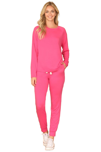 Plus Size Solid Long Sleeve Top and Joggers Set with Self Tie Fuchsia Lt. - Pack of 6