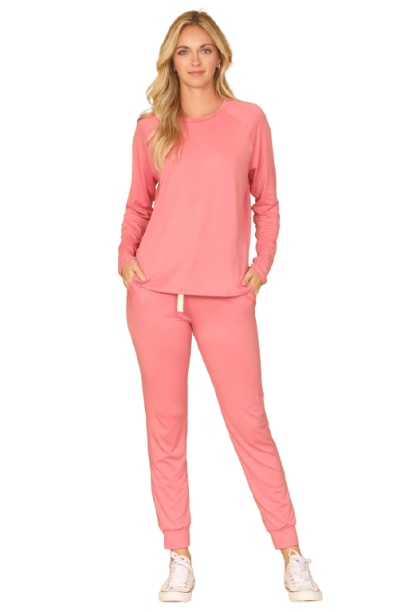 Plus Size Solid Long Sleeve Top and Joggers Set with Self Tie Mauve Dusty - Pack of 6