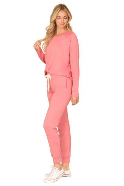 Plus Size Solid Long Sleeve Top and Joggers Set with Self Tie Mauve Dusty - Pack of 6