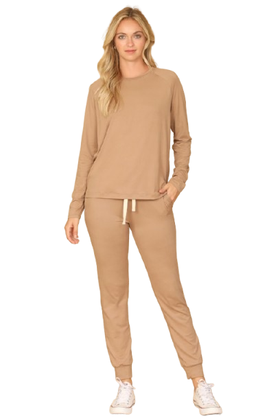 Plus Size Solid Long Sleeve Top and Joggers Set with Self Tie Portabella - Pack of 6