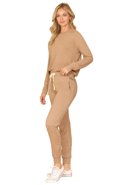 Plus Size Solid Long Sleeve Top and Joggers Set with Self Tie Portabella - Pack of 6