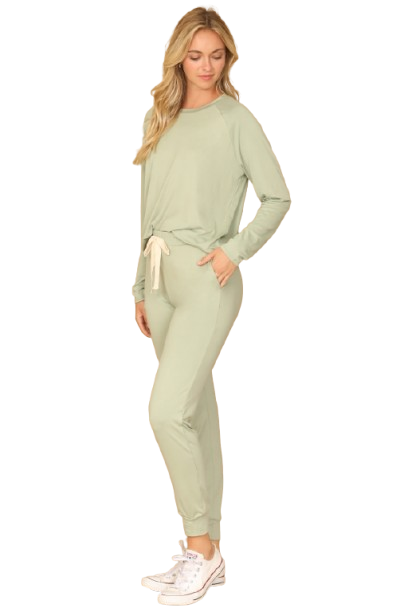 Plus Size Solid Long Sleeve Top and Joggers Set with Self Tie Sage - Pack of 6