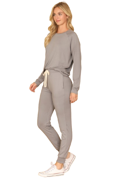 Plus Size Solid Long Sleeve Top and Joggers Set with Self Tie Silver Filigree - Pack of 6