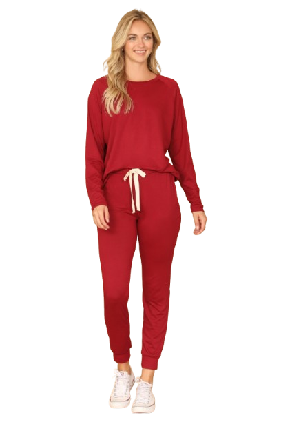 Plus Size Solid Long Sleeve Top and Joggers Set with Self Tie Wine - Pack of 6