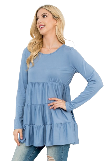 Solid Long Sleeve Tiered Top Dusty Blue - Pack of 4