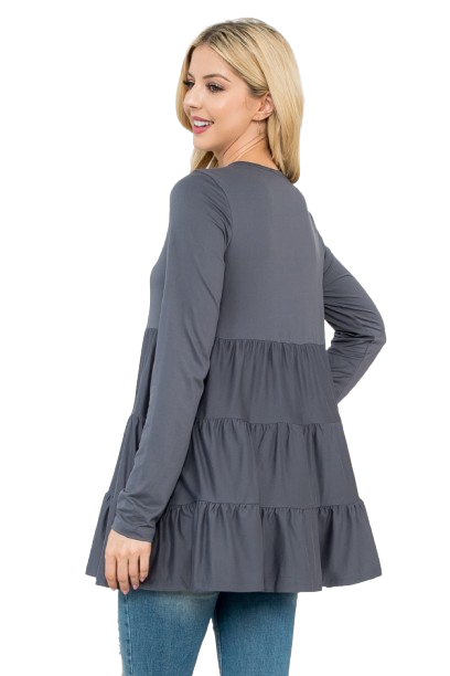 Solid Long Sleeve Tiered Top Grey Dark - Pack of 4