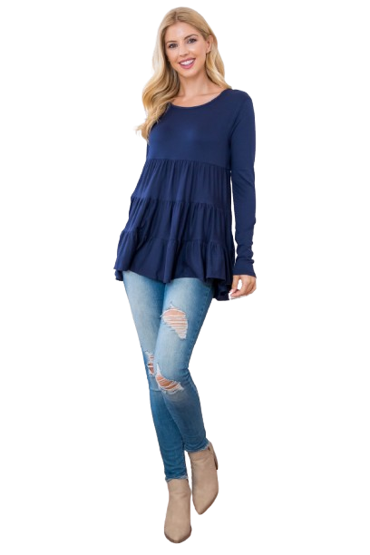 Solid Long Sleeve Tiered Top Navy - Pack of 4