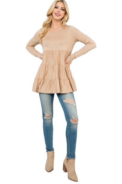 Solid Long Sleeve Tiered Top Taupe - Pack of 4