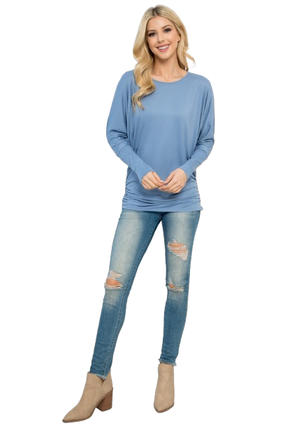 Solid Long Dolman Sleeve Tunnel Detail Top Dusty Blue - Pack of 4