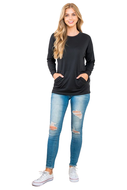 Long Sleeve French Terry Top with Kangaroo Pocket Top Black - Pack of 4