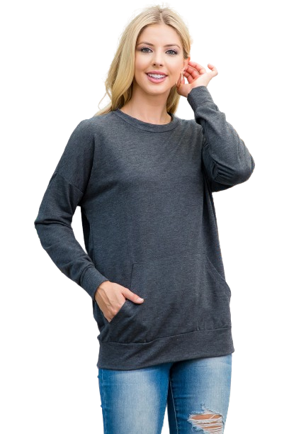 Long Sleeve French Terry Top with Kangaroo Pocket Top Charcoal - Pack of 4